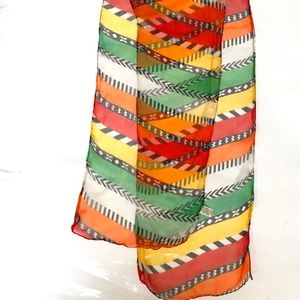 Foulards Scarf Rectangle Red Yellow Green Striped Vintage India Rayon Thin